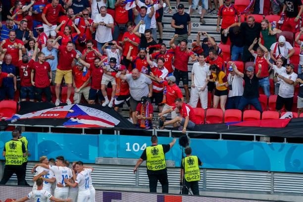 Tomas Holes of Czech Republic celebrates after scoring his sides first goal with the fans of Czech Republic during the UEFA Euro 2020: Round of 16...