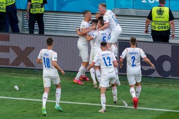 Tomas Holes of Czech Republic celebrates after scoring his sides first goal with Patrik Schick of Czech Republic, Pavel Kaderabek of Czech Republic,...
