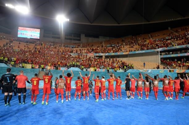 Players of Belgium acknowledge the fans following victory in the UEFA Euro 2020 Championship Round of 16 match between Belgium and Portugal at...