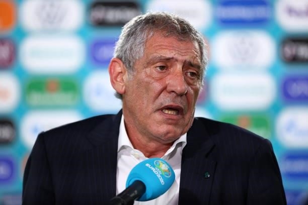 Fernando Santos, Head Coach of Portugal speaks to the media after the UEFA Euro 2020 Championship Round of 16 match between Belgium and Portugal at...