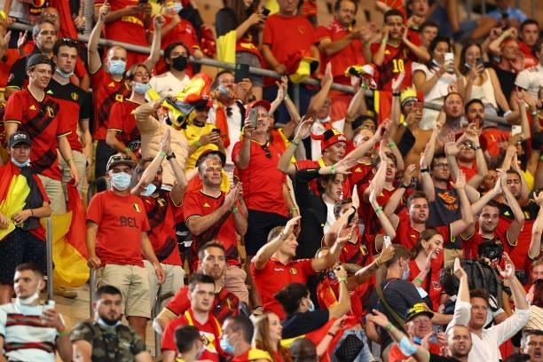 Fans of Belgium celebrate their side's victory after the UEFA Euro 2020 Championship Round of 16 match between Belgium and Portugal at Estadio La...
