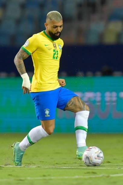 Gabriel Barbosa of Brazil controls the ball during a group B match between Brazil and Ecuador as part of Copa America Brazil 2021 at Estadio Olimpico...
