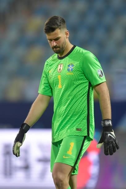 Alisson Becker goalkeeper of Brazil looks on during a group B match between Brazil and Ecuador as part of Copa America Brazil 2021 at Estadio...