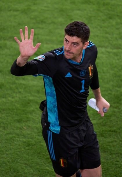 Thibaut Courtois of Belgium acknowledges the fans after the UEFA Euro 2020 Championship Round of 16 match between Belgium and Portugal at Estadio La...