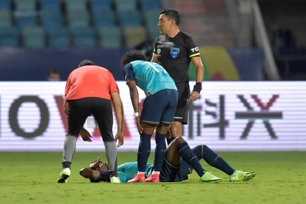Moises Caicedo of Ecuador reacts after being injured during a group B match between Brazil and Ecuador as part of Copa America Brazil 2021 at Estadio...