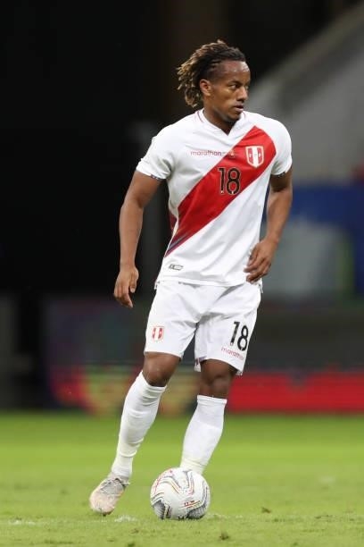 André Carrillo of Peru drives the ball during a Group B Match between Venezuela and Peru as part of Copa America Brazil 2021 at Mane Garrincha...