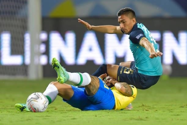 Gabriel Barbosa of Brazil competes for the ball with Angel Mena of Ecuador during a group B match between Brazil and Ecuador as part of Copa America...