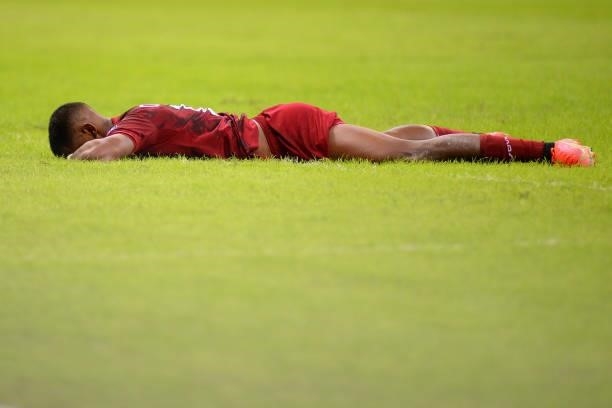 Sergio Cordova of Venezuela lies injured during a Group B Match between Venezuela and Peru as part of Copa America Brazil 2021 at Mane Garrincha...