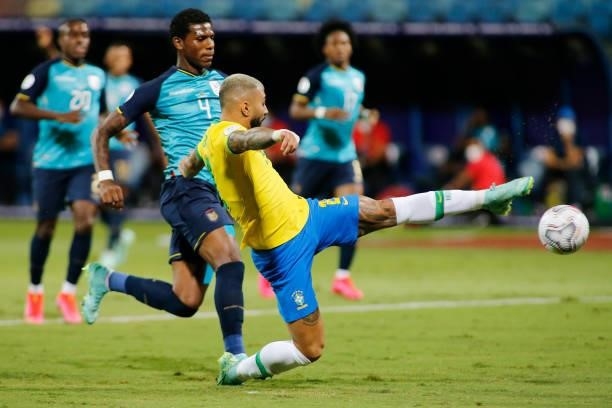 Gabriel Barbosa of Brazil kicks the ball during a group B match between Brazil and Ecuador as part of Copa America Brazil 2021 at Estadio Olimpico on...