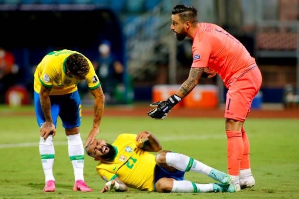 Gabriel Barbosa of Brazil reacts after being injured during a group B match between Brazil and Ecuador as part of Copa America Brazil 2021 at Estadio...