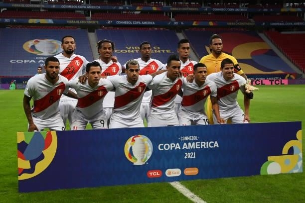 Players of Peru pose for a team picture before a Group B Match between Venezuela and Peru as part of Copa America Brazil 2021 at Mane Garrincha...
