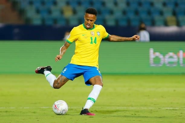 Eder Militao of Brazil kicks the ball during a group B match between Brazil and Ecuador as part of Copa America Brazil 2021 at Estadio Olimpico on...
