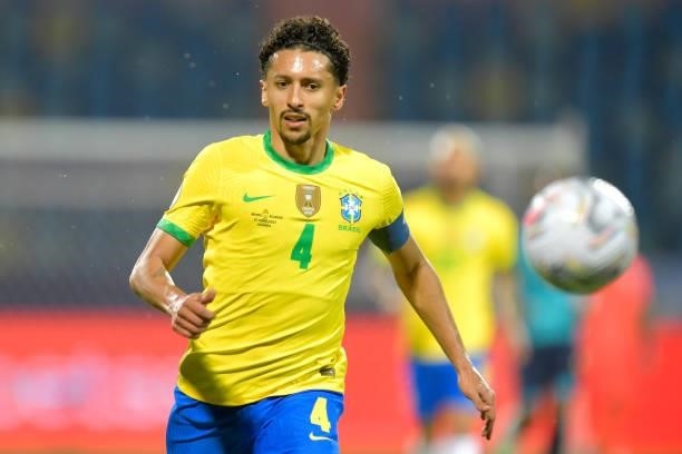 Marquinhos of Brazil looks at the ball during a group B match between Brazil and Ecuador as part of Copa America Brazil 2021 at Estadio Olimpico on...