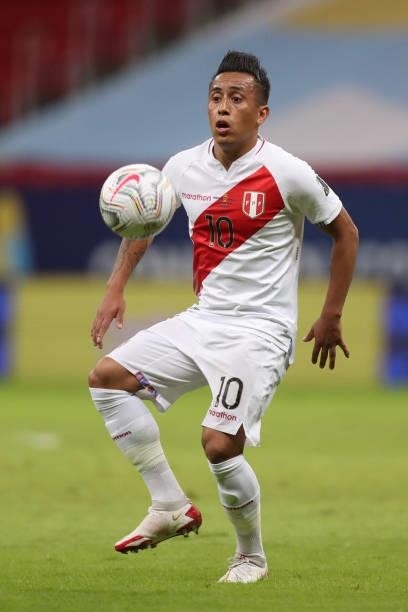 Christian Cueva of Peru controls the ball during a Group B Match between Venezuela and Peru as part of Copa America Brazil 2021 at Mane Garrincha...