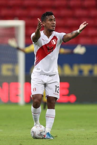 Renato Tapia of Peru reacts during a Group B Match between Venezuela and Peru as part of Copa America Brazil 2021 at Mane Garrincha Stadium on June...