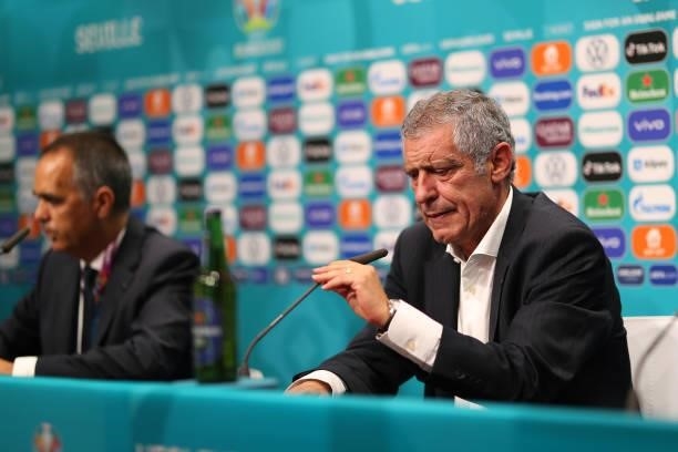 In this handout picture provided by UEFA, Fernando Santos, Head Coach of Portugal speaks to the media during the Portugal Press Conference after the...