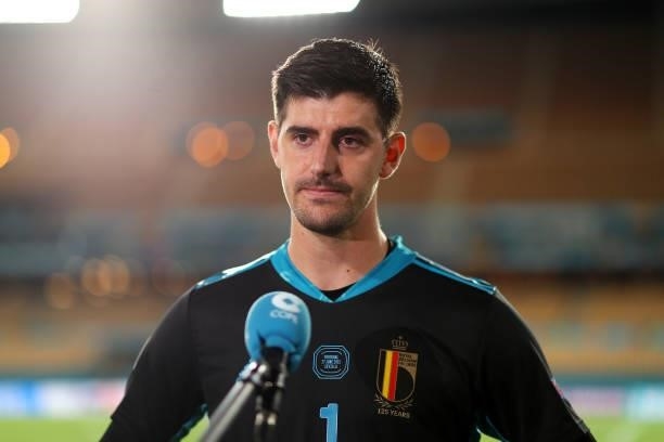 Thibaut Courtois of Belgium speaks during a TV Interview following victory in the UEFA Euro 2020 Championship Round of 16 match between Belgium and...