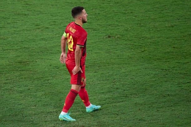 Eden Hazard of Belgium reacts with an injury during the UEFA Euro 2020 Championship Round of 16 match between Belgium and Portugal at Estadio La...