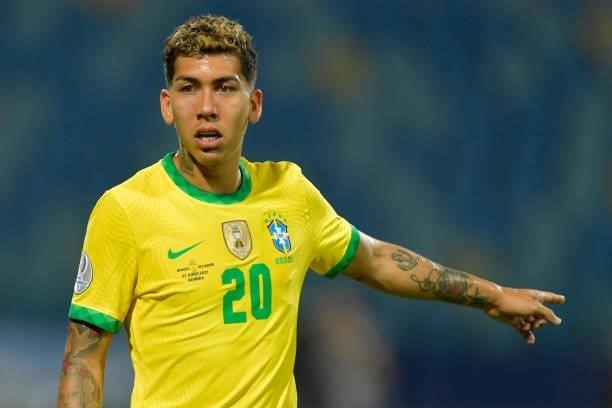 Roberto Firmino of Brazil gestures during a group B match between Brazil and Ecuador as part of Copa America Brazil 2021 at Estadio Olimpico on June...