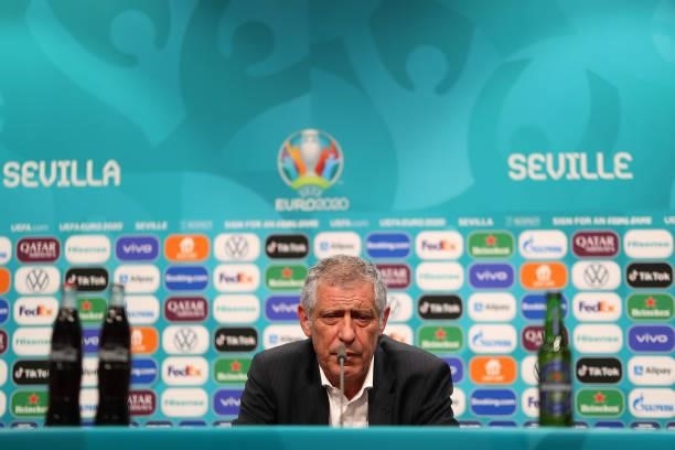 In this handout picture provided by UEFA, Fernando Santos, Head Coach of Portugal speaks to the media during the Portugal Press Conference after the...