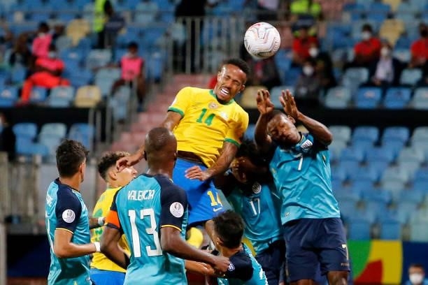 Eder Militao of Brazil heads the ball to score the first goal of his team during a group B match between Brazil and Ecuador as part of Copa America...