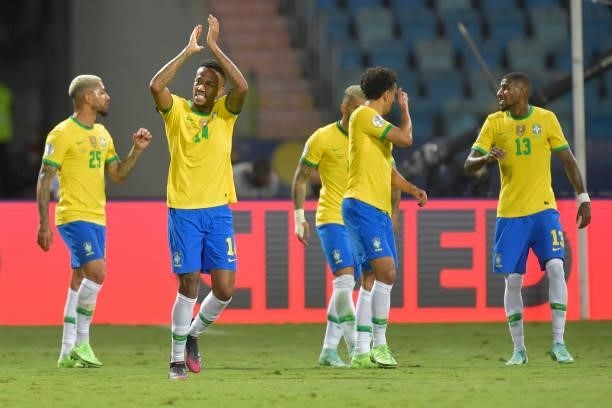 Eder Militao of Brazil celebrates after scoring the first goal of his team during a group B match between Brazil and Ecuador as part of Copa America...