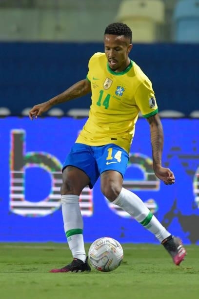 Eder Militao of Brazil controls the ball during a group B match between Brazil and Ecuador as part of Copa America Brazil 2021 at Estadio Olimpico on...