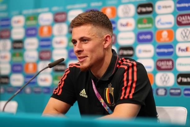In this handout picture provided by UEFA, Thorgan Hazard of Belgium speaks to the media during the Belgium Press Conference UEFA Euro 2020...