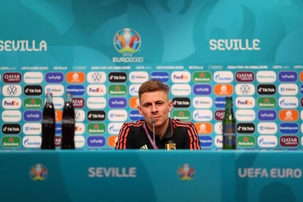 In this handout picture provided by UEFA, Thorgan Hazard of Belgium speaks to the media during the Belgium Press Conference UEFA Euro 2020...