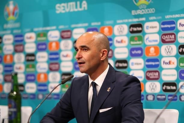 In this handout picture provided by UEFA, Roberto Martinez, Head Coach of Belgium speaks to the media during the Belgium Press Conference after the...