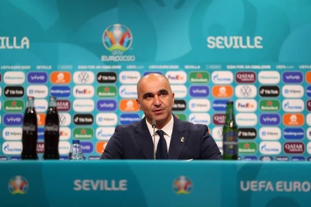 In this handout picture provided by UEFA, Roberto Martinez, Head Coach of Belgium speaks to the media during the Belgium Press Conference after the...