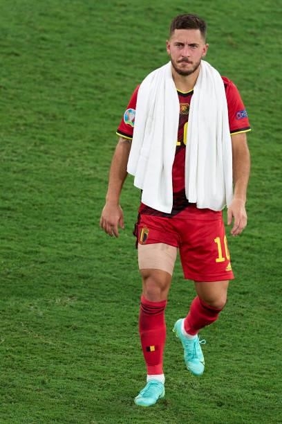 Eden Hazard of Belgium looks on at the end of the UEFA Euro 2020 Championship Round of 16 match between Belgium and Portugal at Estadio La Cartuja on...