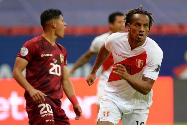 André Carrillo of Peru celebrates after scoring the opening goal during a Group B Match between Venezuela and Peru as part of Copa America Brazil...