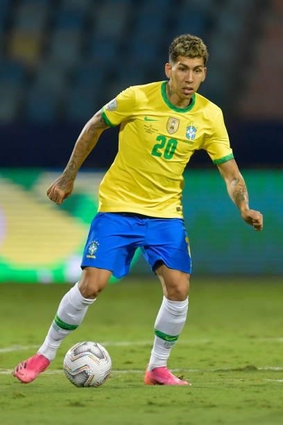 Roberto Firmino of Brazil controls the ball during a group B match between Brazil and Ecuador as part of Copa America Brazil 2021 at Estadio Olimpico...