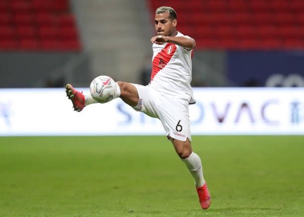 Miguel Trauco of Peru controls the ball during a Group B Match between Venezuela and Peru as part of Copa America Brazil 2021 at Mane Garrincha...