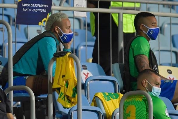 Neymar Jr. And Gabriel Jesus of Brazil watch from the bench during a group B match between Brazil and Ecuador as part of Copa America Brazil 2021 at...