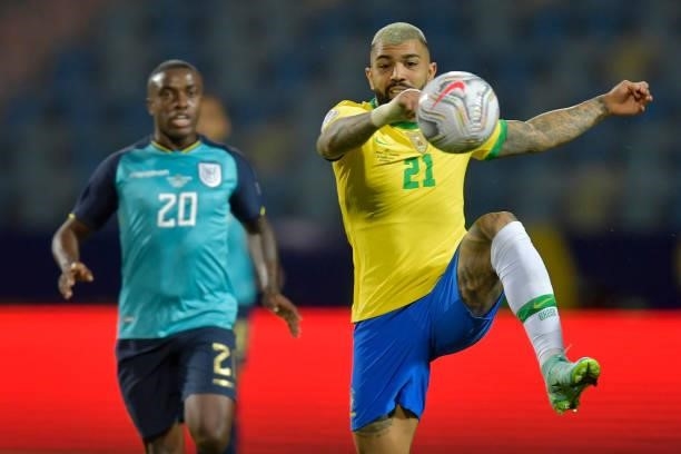 Gabriel Barbosa of Brazil tries to control the ball during a group B match between Brazil and Ecuador as part of Copa America Brazil 2021 at Estadio...