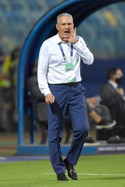 Tite of Brazil reacts during a group B match between Brazil and Ecuador as part of Copa America Brazil 2021 at Estadio Olimpico on June 27, 2021 in...