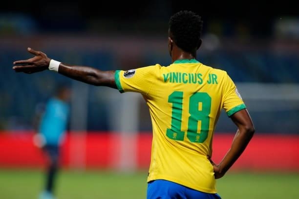 Vinicius Junior of Brazil gestures during a group B match between Brazil and Ecuador as part of Copa America Brazil 2021 at Estadio Olimpico on June...