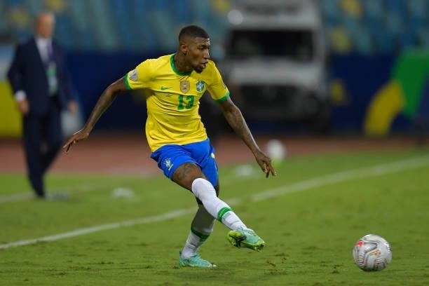 Emerson of Brazil kicks the ball during a group B match between Brazil and Ecuador as part of Copa America Brazil 2021 at Estadio Olimpico on June...