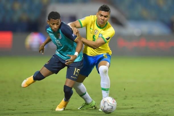 Gonzalo Plata of Ecuador competes for the ball with Casemiro of Brazil during a group B match between Brazil and Ecuador as part of Copa America...