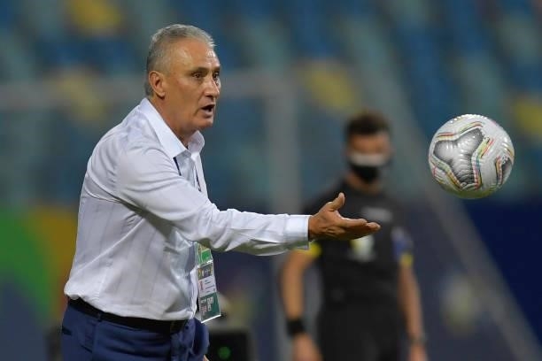 Tite of Brazil gestures during a group B match between Brazil and Ecuador as part of Copa America Brazil 2021 at Estadio Olimpico on June 27, 2021 in...