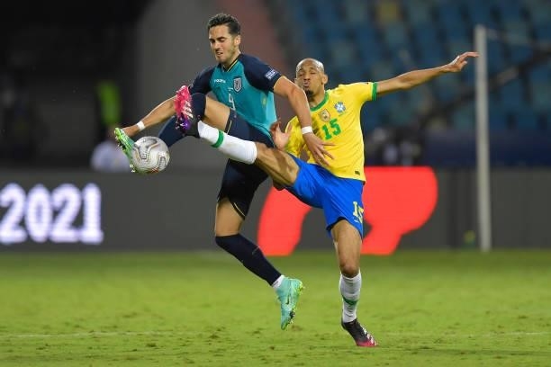 Leonardo Campana of Ecuador competes for the ball with Fabinho of Brazil during a group B match between Brazil and Ecuador as part of Copa America...