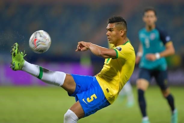 Casemiro of Brazil kicks the ball during a group B match between Brazil and Ecuador as part of Copa America Brazil 2021 at Estadio Olimpico on June...