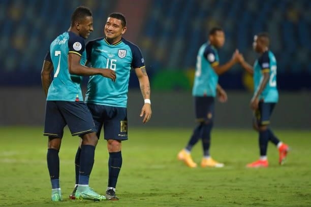 Pervis Estupiñan and Mario Pineida of Ecuador greet after a group B match between Brazil and Ecuador as part of Copa America Brazil 2021 at Estadio...