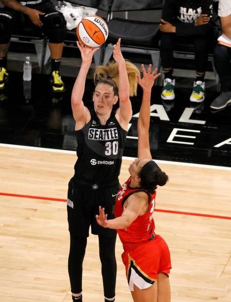 Breanna Stewart of the Seattle Storm shoots against Dearica Hamby of the Las Vegas Aces during their game at Michelob ULTRA Arena on June 27, 2021 in...