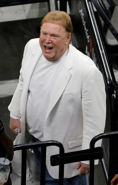 Las Vegas Raiders owner and managing general partner and Las Vegas Aces owner Mark Davis smiles after the Aces' 95-92 overtime victory over the...