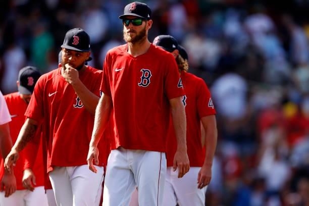 Chris Sale of the Boston Red Sox looks on after the Red Sox defeat the New York Yankees 9-2 at Fenway Park on June 27, 2021 in Boston, Massachusetts.