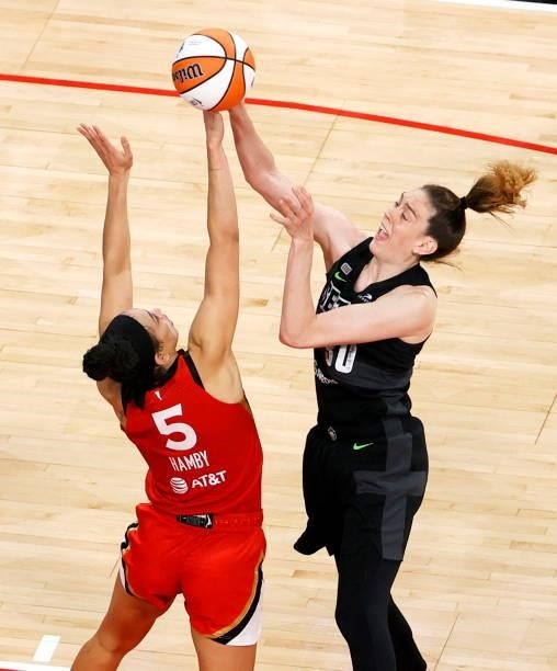 Breanna Stewart of the Seattle Storm shoots against Dearica Hamby of the Las Vegas Aces near the end of the fourth quarter of their game at Michelob...