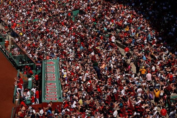 Fans sit in the stands during the game between the Boston Red Sox and the New York Yankees at Fenway Park on June 27, 2021 in Boston, Massachusetts.